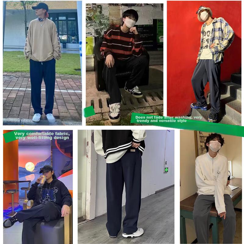 Dingfengbaoluo Straight-Leg Casual Pants for Men, Spring High Street Wide-Leg Trousers, Trendy Sports Long Pants WH5609, Gray M