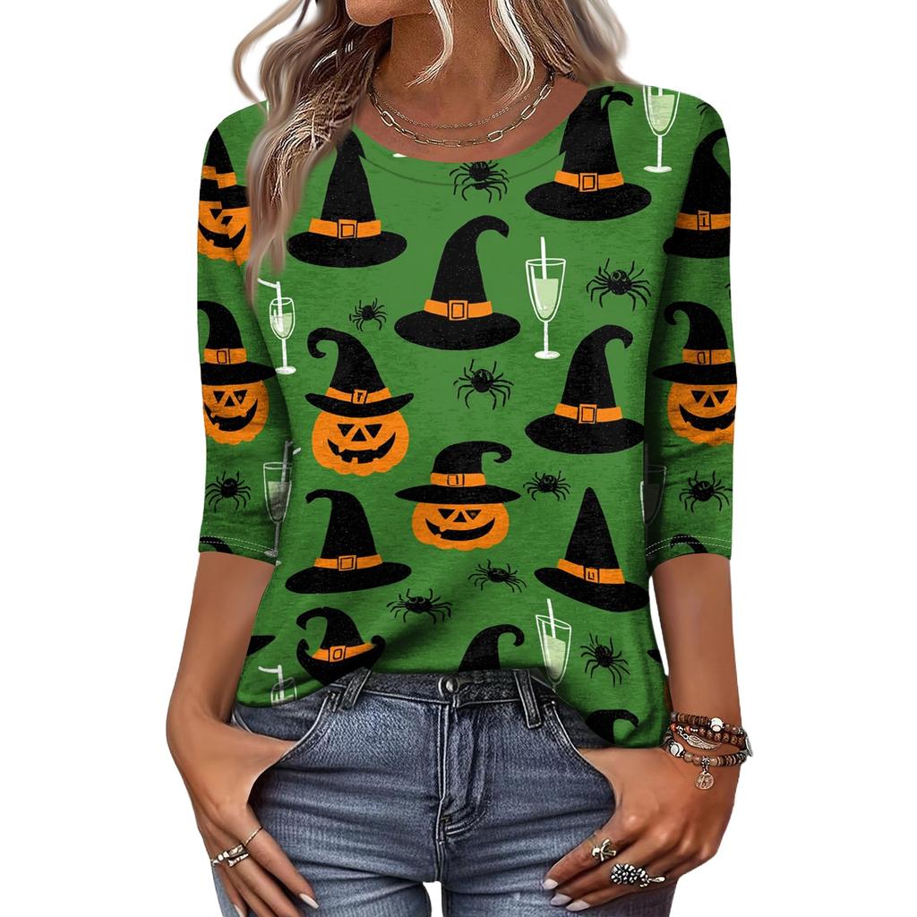 Women's Casual Halloween Print Top Three Quarter Sleeve Crew Neck Shirt Lightweight Comfortable Fit Seasonal Design