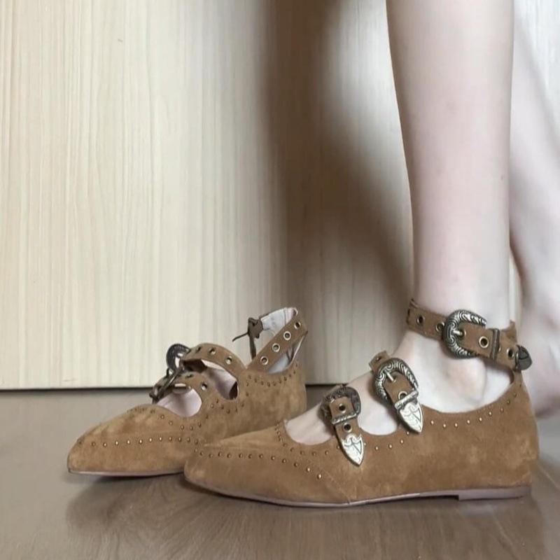 

Синяя версия шкафа~ остроносые туфли Мэри Джейн на плоской подошве с увеличением внутренней высоты, женские коричневые туфли с заклепками, на одном ремешке с мелким вырезом 35