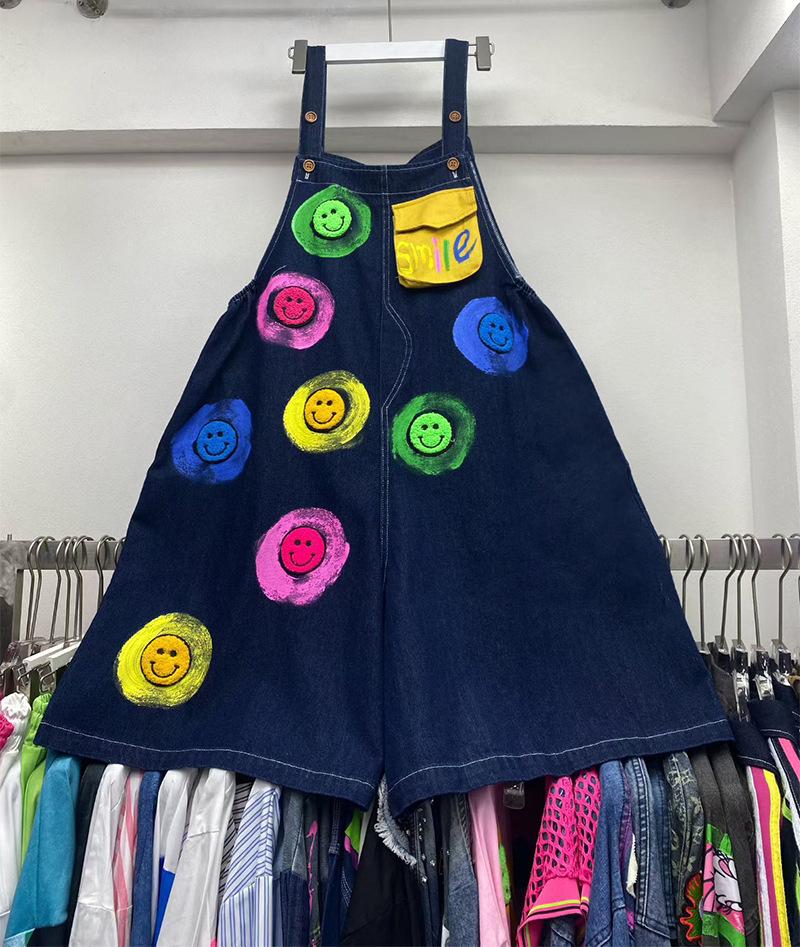 Thailand tide brand spring new denim overalls women s clothing loose smiley face printed jumpsuit cover meat casual M синий