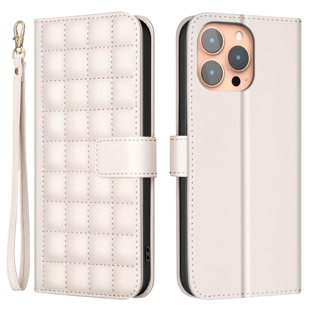 

For iPhone 14 Pro Max Case Square Grid Pattern Wallet Leather Cover Beige