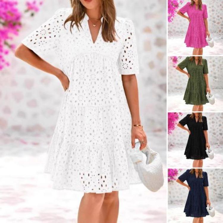 Summer Women's Flowy V-Neck Sundress Casual Hollow Out Midi Dress A-Line Tiered Eyelet Short Sleeve Beach Dress