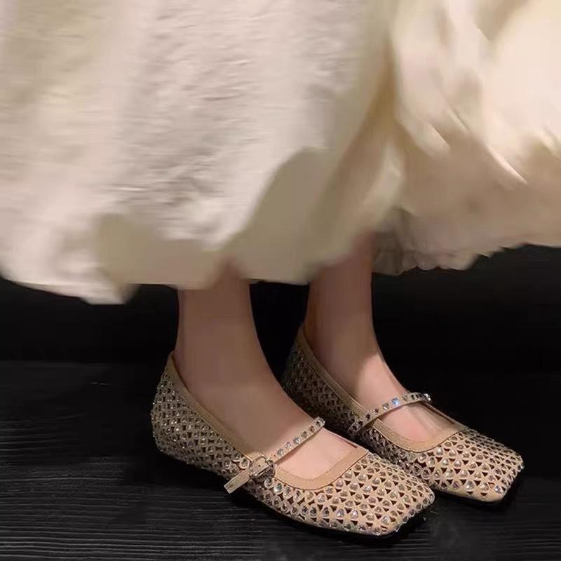 Sheepskin version~ French square head rhinestone one-word buckle with Mary Jane women's shoes inner height increase shallow mouth ballet single shoe