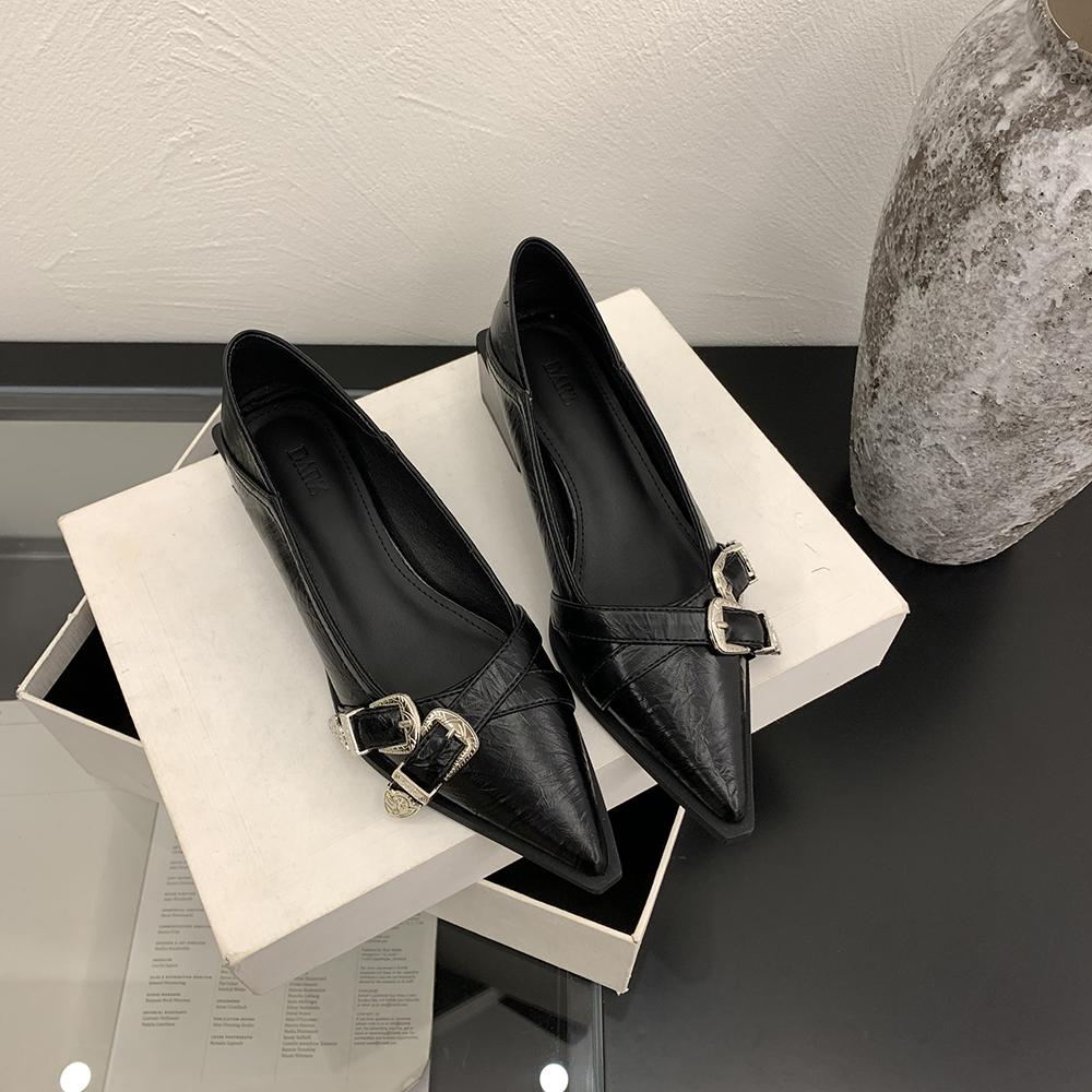 

fashion Pointed Toe Women Loafers Black Silver Brown Mid Heeled Belt Buckle 2024 New Arrivals Fashion Dress Shoes Woman Size 35-39 Pumps 5.5 чёрный
