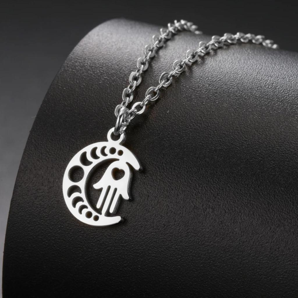 LIKGREAT Arabic Hamsa Hands Necklace Women Men Amulet Crescent Moon Hand of Fatima Evil Eye Stainless Steel Islamic Jewelry