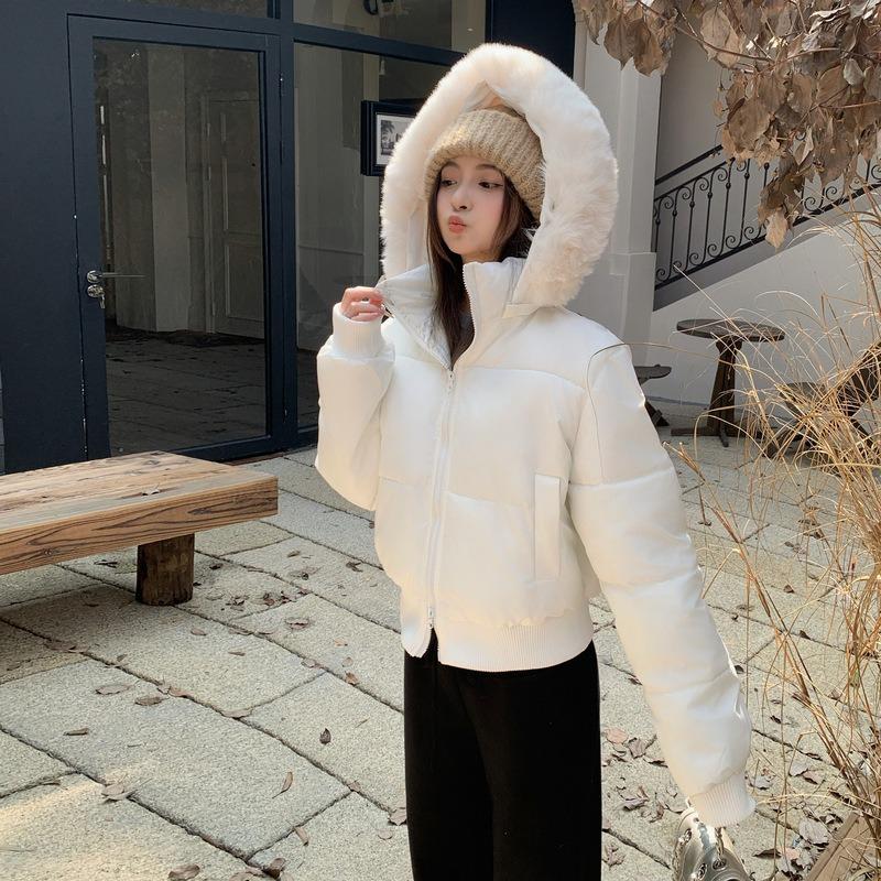 New Cotton Clothes Women's Winter Navy Blue Hooded Fur Collar Short Cotton Clothes Bread Clothes Jacket Thick