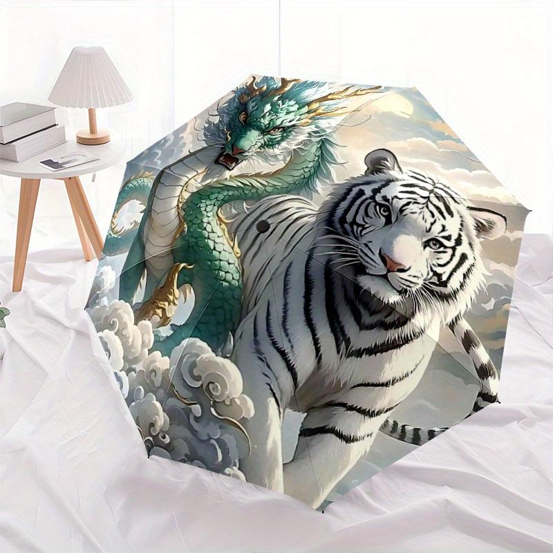 

1pc Turquoise Dragon and Snow Tipped Tiger Soaring Through Clouds Automatic Opening and Closing Umbrella - Suitable for Various Occasions, Portab