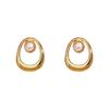 European and American style earrings, geometric oval inlaid pearl hollow design stud earrings versatile niche earrings women