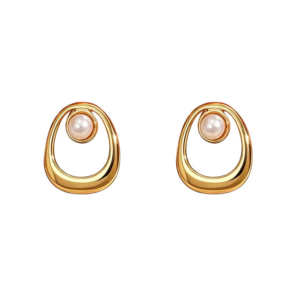 European and American style earrings, geometric oval inlaid pearl hollow design stud earrings versatile niche earrings women
