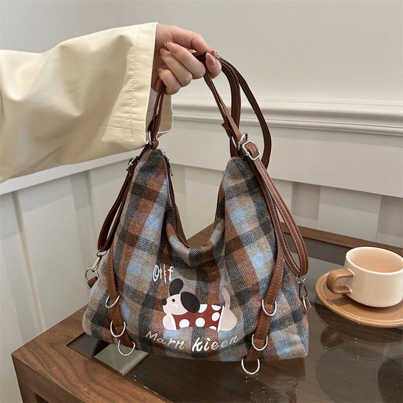 Letters Marn Kieen Cotton Tote Bag Plaid Pattern Soft Structure Travel Work