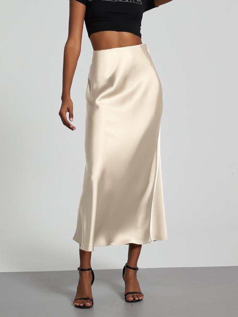 Elegant European and American Style Women's Satin Midi Skirt – Smooth, Slim, and Silky Texture for Summer