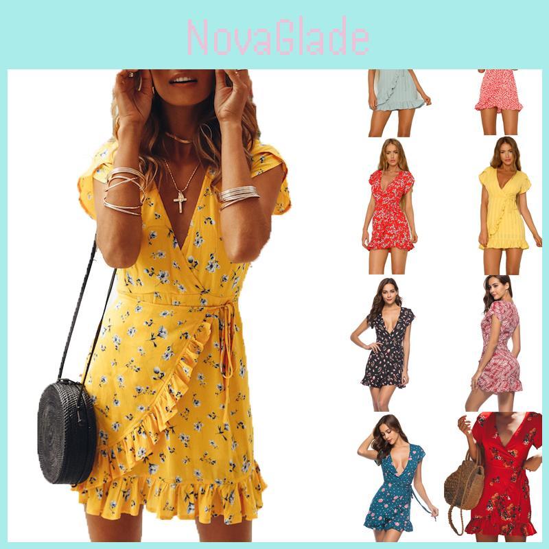 Premium Women Short Sleeve Wrap Boho Floral Mini Dress For Effortless Summer Style