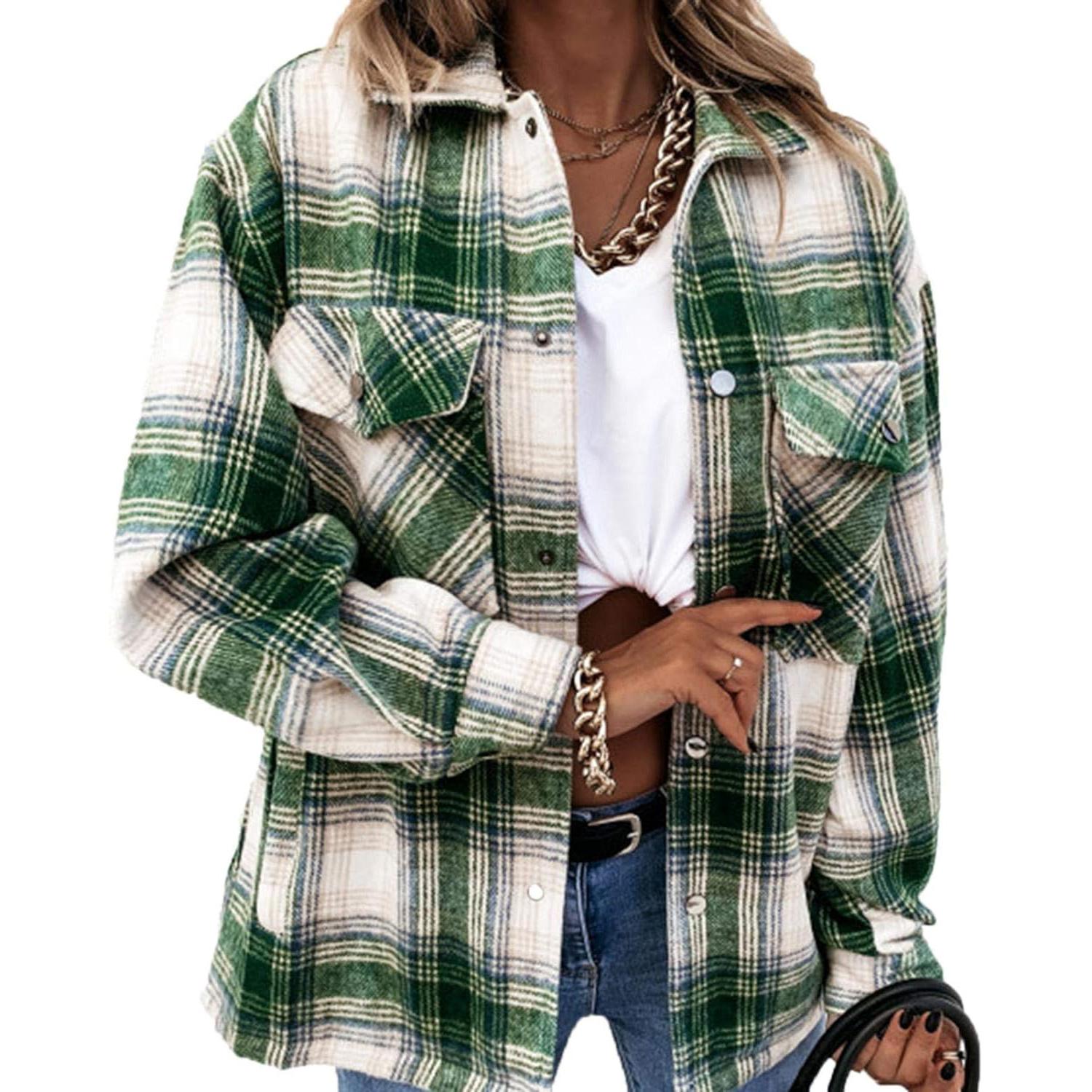 

Женская осенне-зимняя свободная повседневная куртка-рубашка с длинным рукавом в клетку в стиле ретро XXXL зелёный