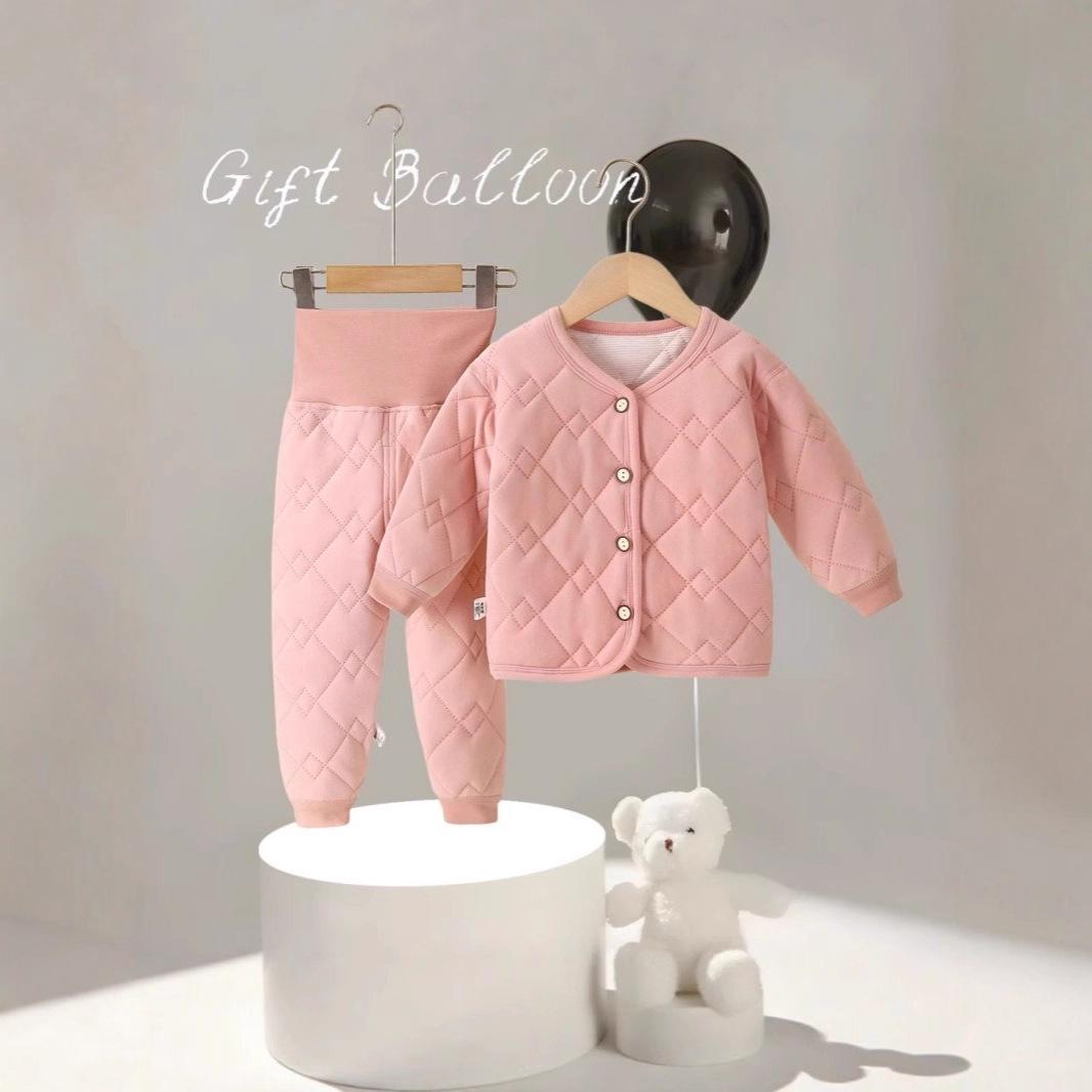 

Baby High-Waisted Winter Warm Set: Thick Cotton Jacket, Pants, and Seamless Quilted Cardigan 73cm рожевий