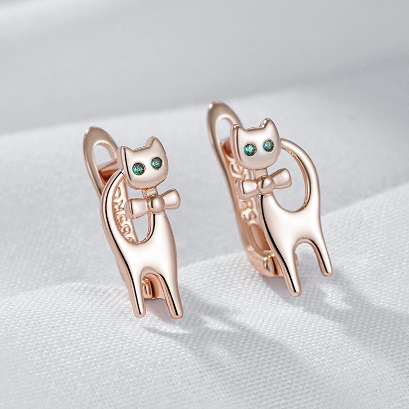 Luxury Cute Cat Earrings For Girls  Rose Gold Color Natural Zircon Accessories Children Baby Xmas Gifts Animal Jewelry