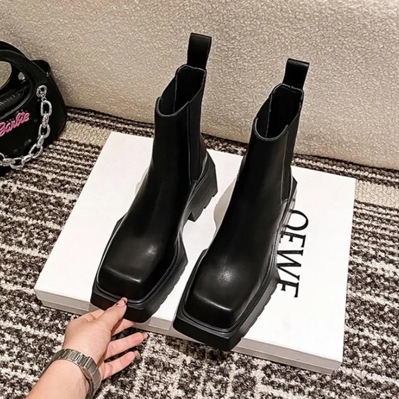 Fashion Black Leather Chelsea Boots Women Luxury Square Toe Thick Sole Non-slip Ankle Boots Cozy Chunky Heel Platform Shoes