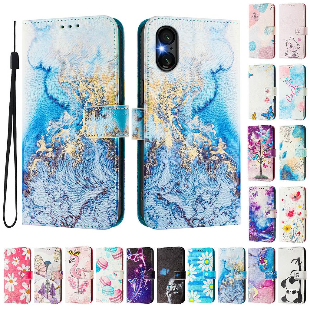 Ozeanfarbener Marmor Luxus Bemaltes Lederetui Brieftasche Buchstil Hülle für Sony Xperia 5 IV / 10 IV ,Xperia 1 V / 5 V / 10 V,Xperia 1 VI,5 VI,10 VI.