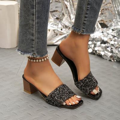 2026 New Summer Thick Heel Temperament On The Outside of Women's Shoes Fashionable Open-toe Rhinestone Large Size