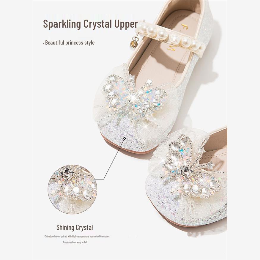 2026 Spring Girls' Princess Leather Shoes with Rhinestone Bow & Soft Sole