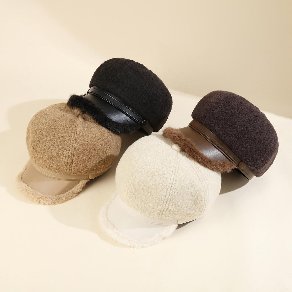 Thickened Plush Octagonal Hat Children'S Season Leather Brim Newsboy Hat Versatile Face Ducktongue Beret