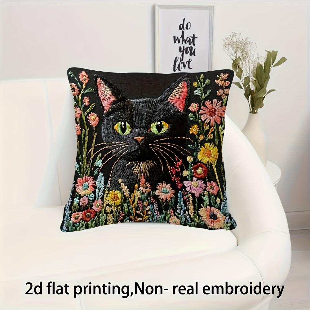 2D Flat- Vintage Floral Black Cat Throw Pillow Cover Rustic Farmhouse Decorative Cushion Case For Sofa Couch Bedroom Living Room
