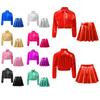 Mädchen Metallic Hip Hop Jazz Tanz Umlegekragen Langarm Reißverschluss Jacke Elastischer Bund Ausgestellter A-Linien Rock