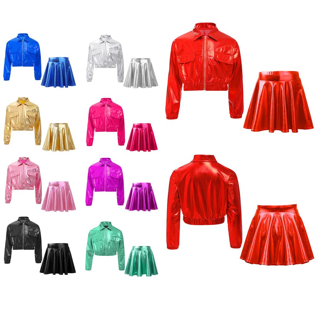 Mädchen Metallic Hip Hop Jazz Tanz Umlegekragen Langarm Reißverschluss Jacke Elastischer Bund Ausgestellter A-Linien Rock