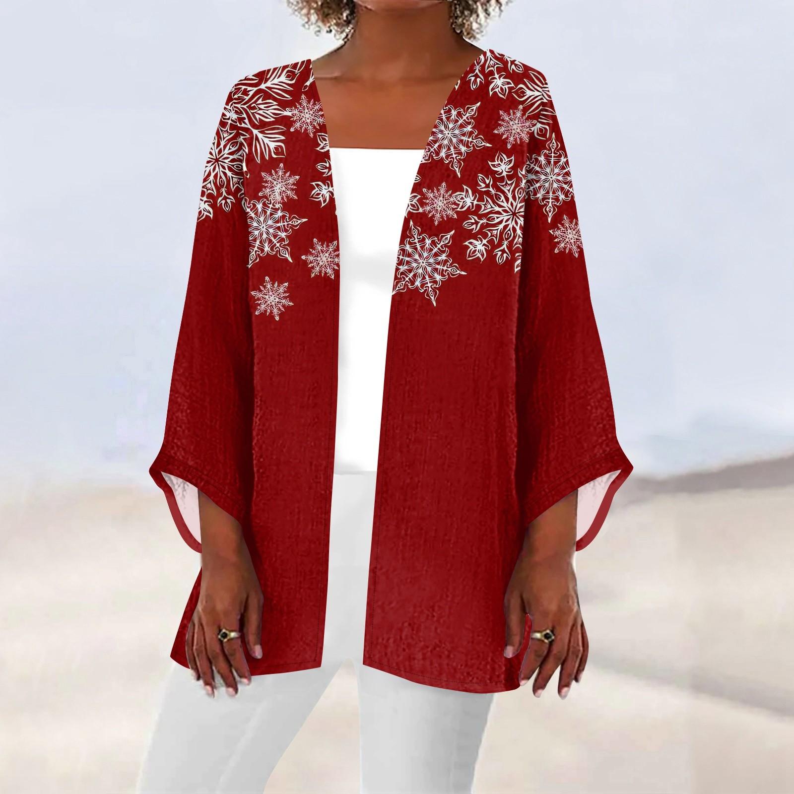 

Женская повседневная мода Caot с рождественским принтом Легкая куртка средней длины Кардиган XXXL красный