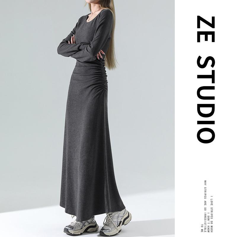 2026 New Spring and Autumn Elegant Dress for Women, German Velvet Knit Inner Layer, High-End Long Dress S темно-серого