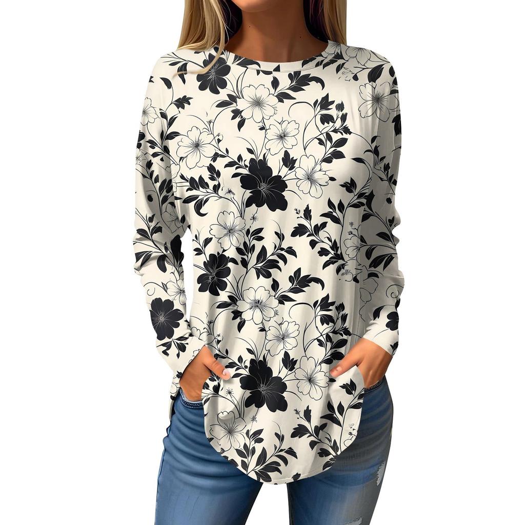 Dames Losse Ronde Hals Print Lange Mouw T-shirt Top Pullover