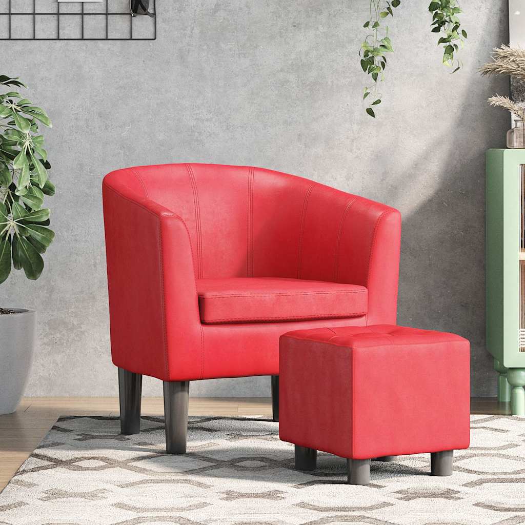 Vidaxl Fotel Klubowy Z Podnóżkiem, Czerwony, Obity Sztuczną Skórą