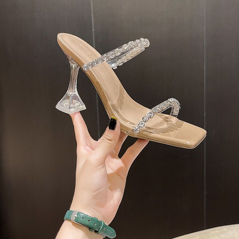 Rhinestone Transparent Word with Sandals, Sandals, Spring and Summer French Crystal Thin Heel Fashion Niche High Heels