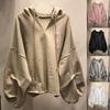 Einfarbiger Kapuzenpullover mit Kordelzug, Herbst, Fledermausärmel, V-Ausschnitt, Damen-Sweatshirt, Streetwear