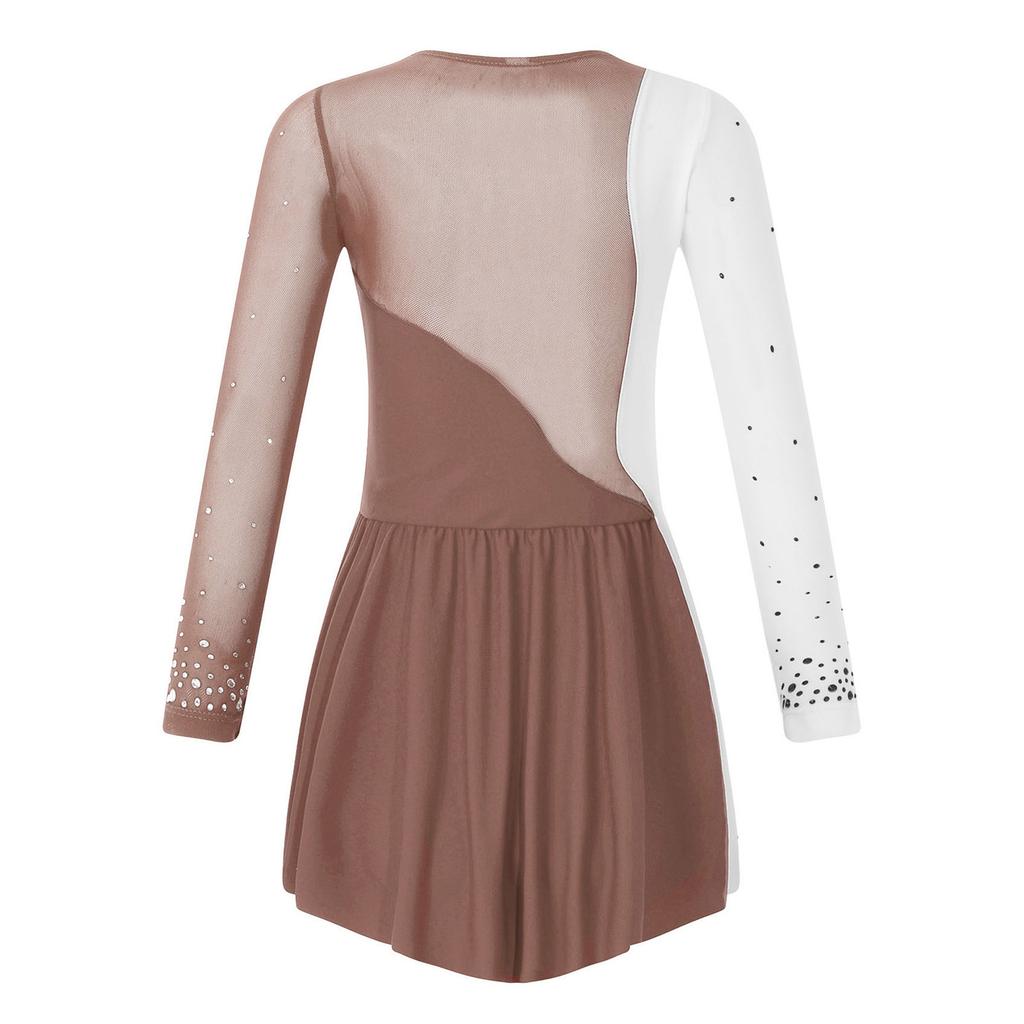 Girls Shiny Rhinestone Dress Long Sleeve Patchwork Contrast Color Skating Dance Performance Costume