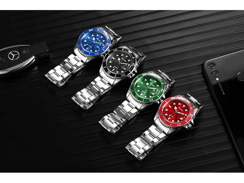 Herren High-End Grüner Wassergeist Quarz Uhr mit Kalender und Stahlband