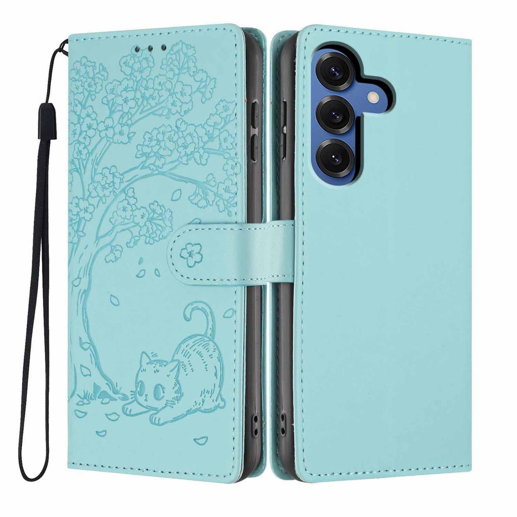For Samsung Galaxy A37 5G Stand Case Tree-and-Cat Pattern PU Leather Wallet Protective Phone Cover with Wrist Strap