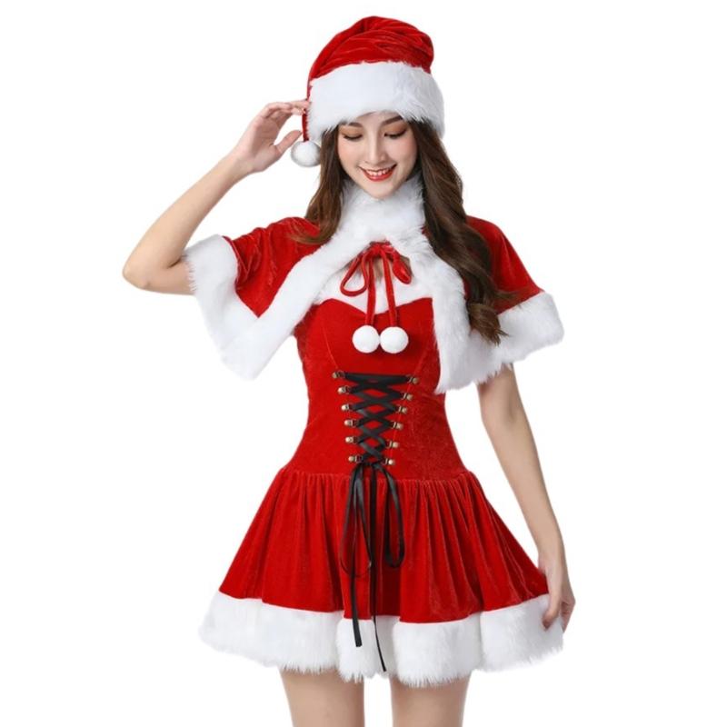 Christmas Costume Accessories Set with Christmas Dress Christmas Hat and Shawl Women Christmas Santa Dress up Outfits
