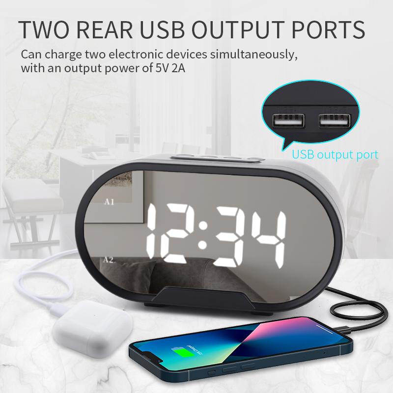 Mirror Alarm Clock Black Led Digital Desk & Table Clocks LED Mirror Multifunction Usb Charging Phone Desktop Clocks