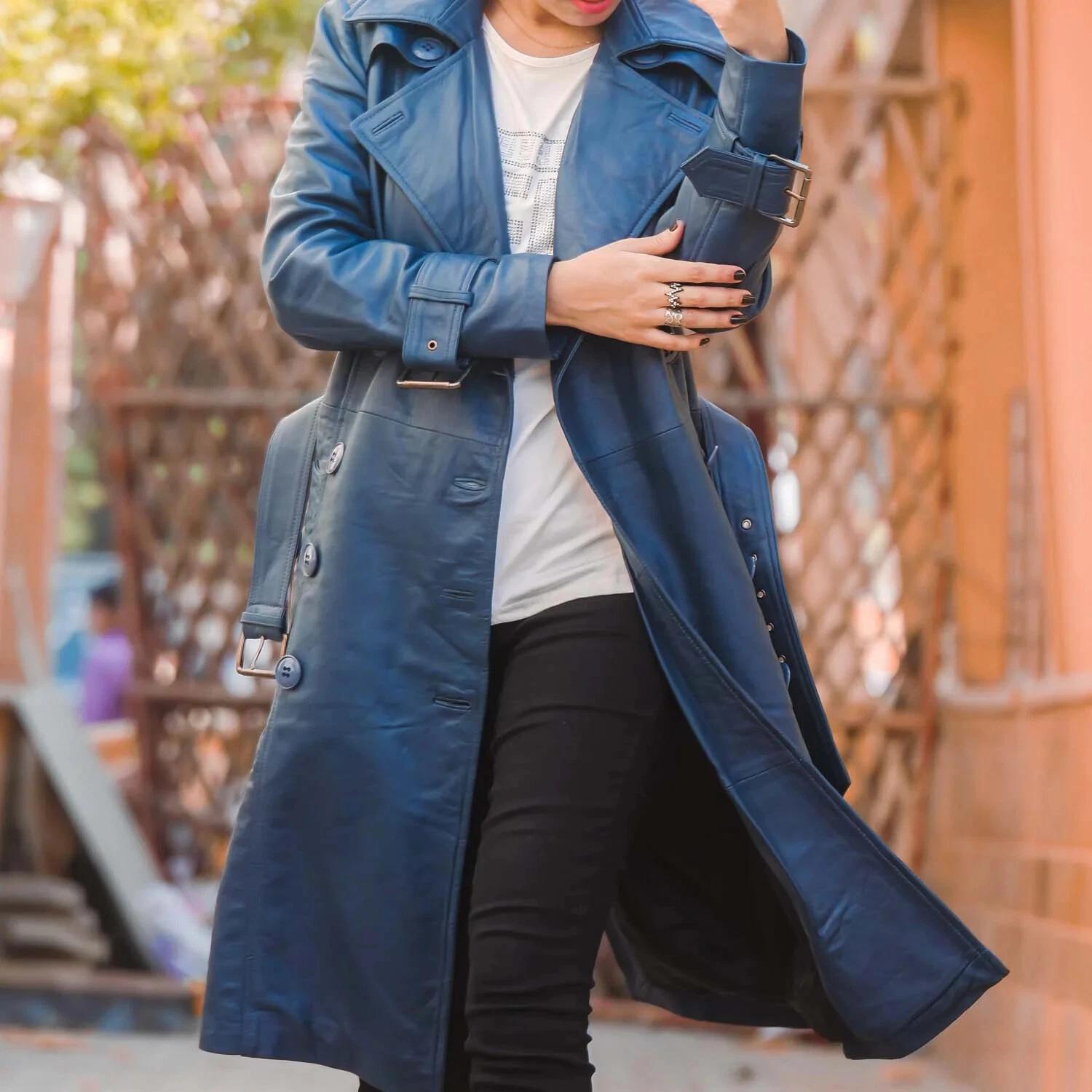 

Тренч Кожа Зима Дизайнер Синий Длинный Пояс Ягненок Женский Стильный 3XL синий