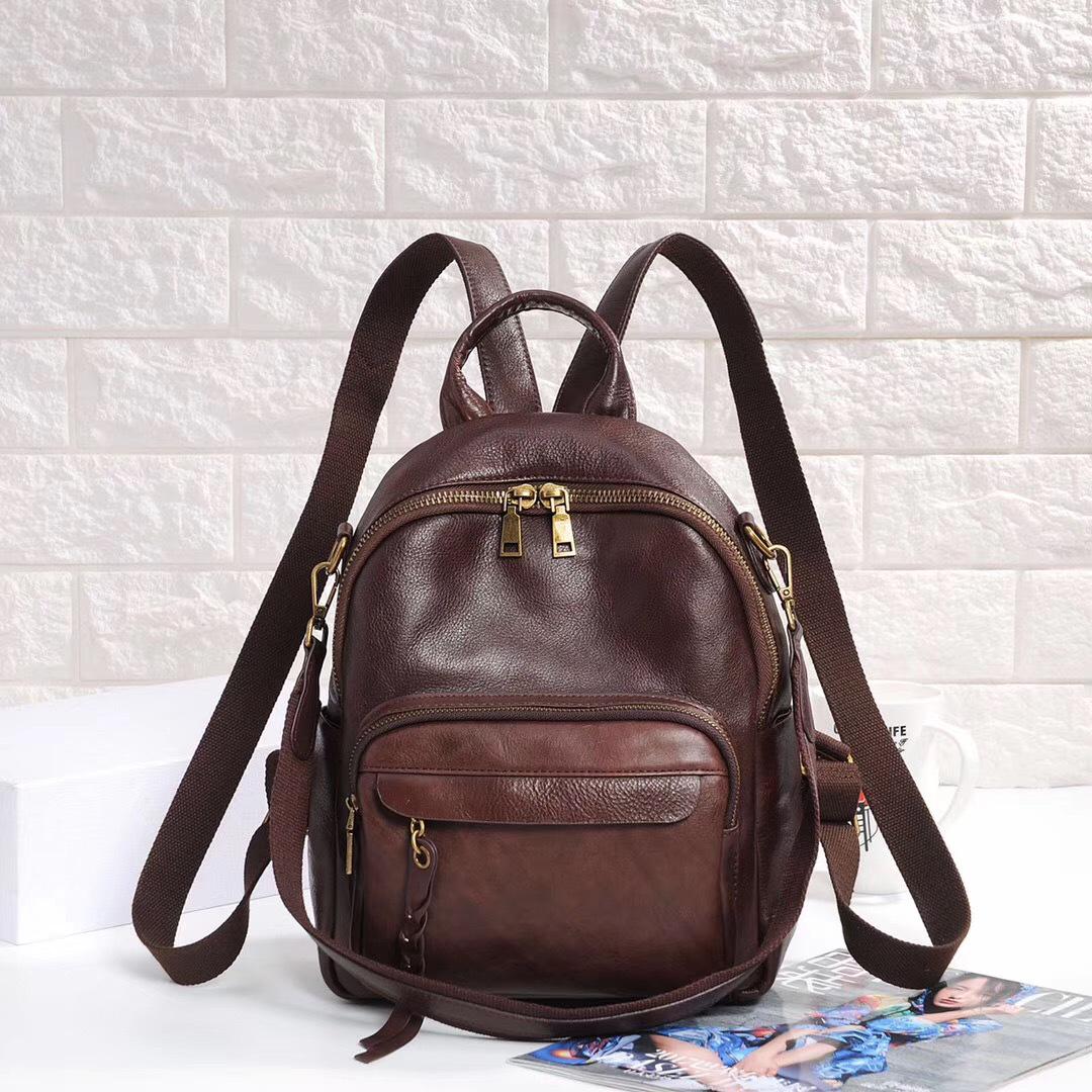 

Real Leather Backpack for Women, New Top Layer Cowhide Backpack for Women, Solid Color Retro Student Backpack