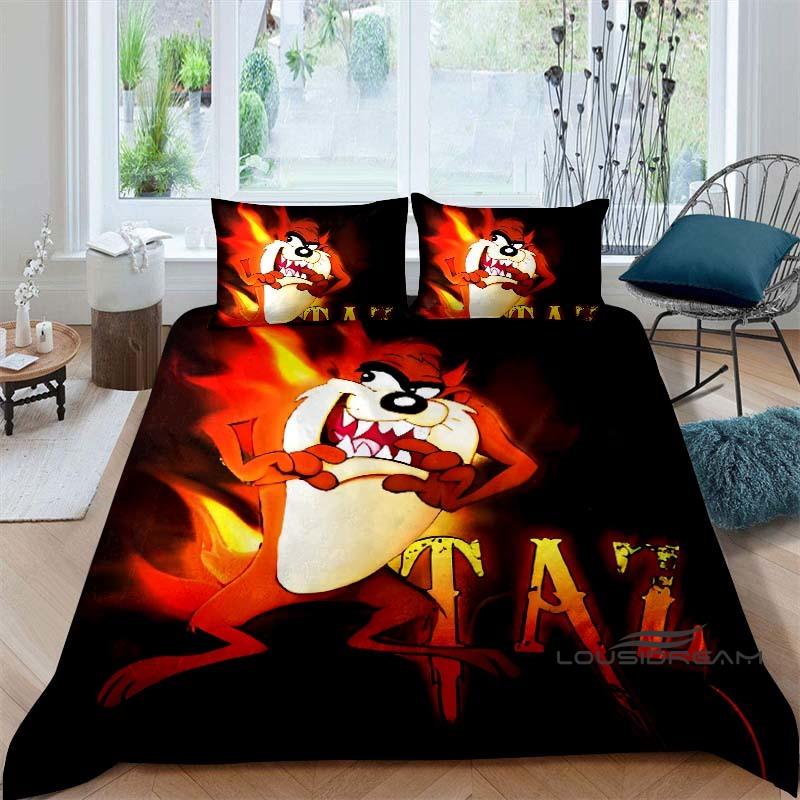 Cartoon T-Tasmanian Devil bedding set, printed single duvet cover and pillowcase three-piece set, children's and adult sizes.002
