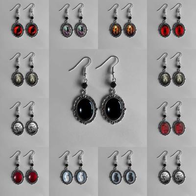 Retro Victoria Sliver Color Oval Lacework Inlay Red Crystal Glass Cat Bat Crow Cemetery Cross Dangle Earrings for Women Jewelry