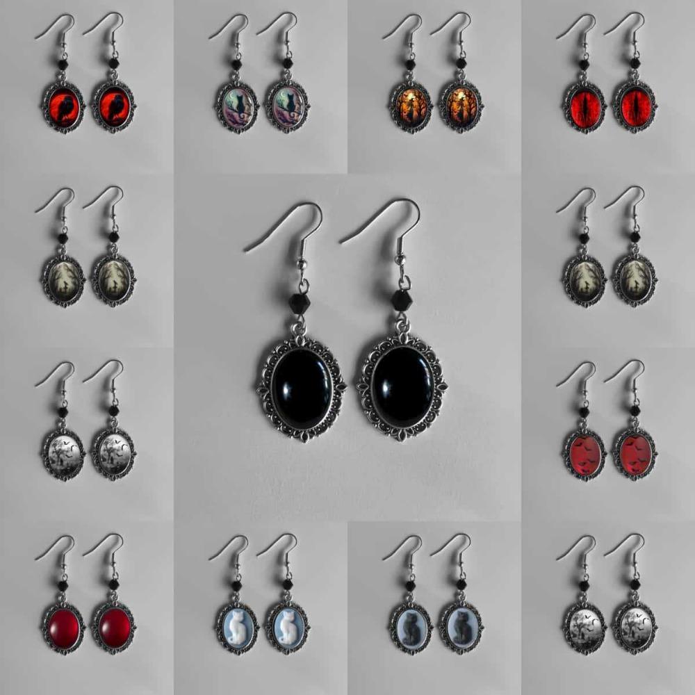 Retro Victoria Sliver Color Oval Lacework Inlay Red Crystal Glass Cat Bat Crow Cemetery Cross Dangle Earrings for Women Jewelry