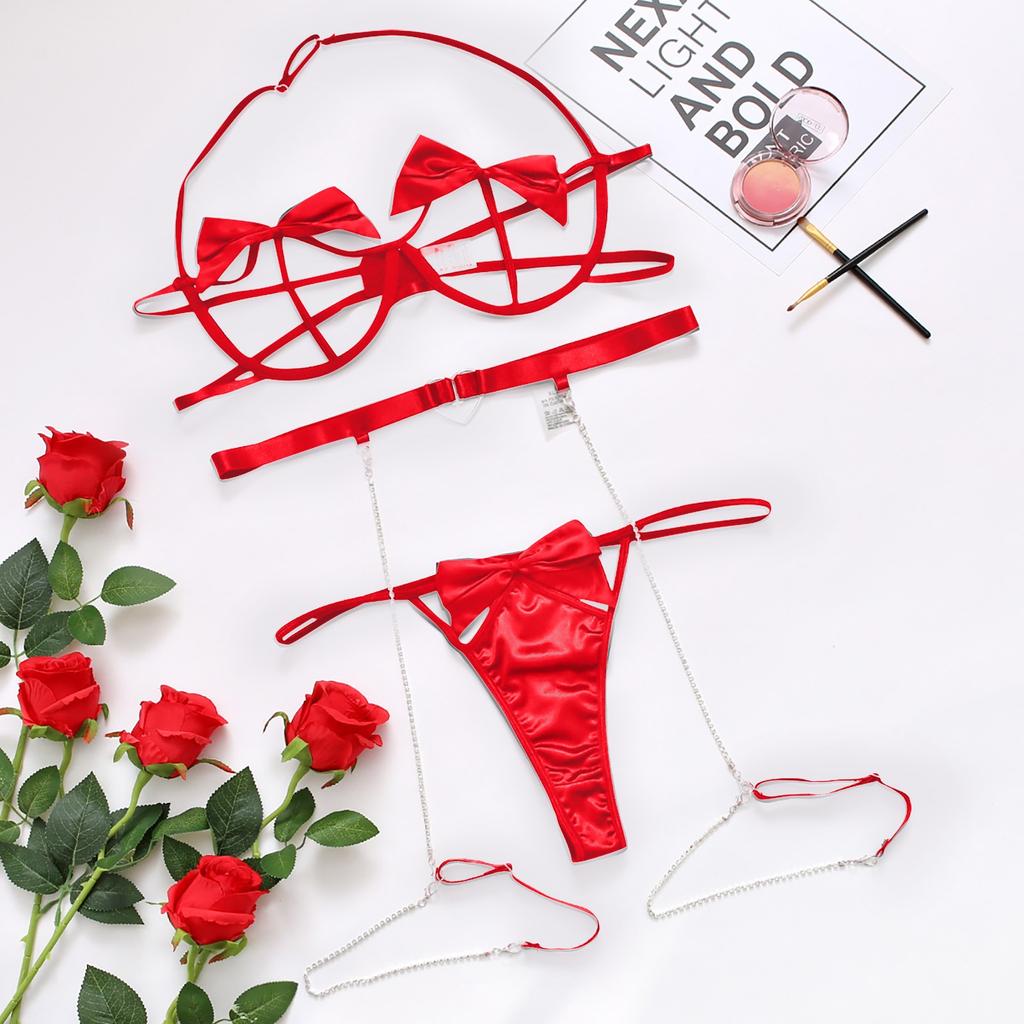 Women's Sexy Lingerie Strap Bow Chain Splicing Backless Three Piece Set