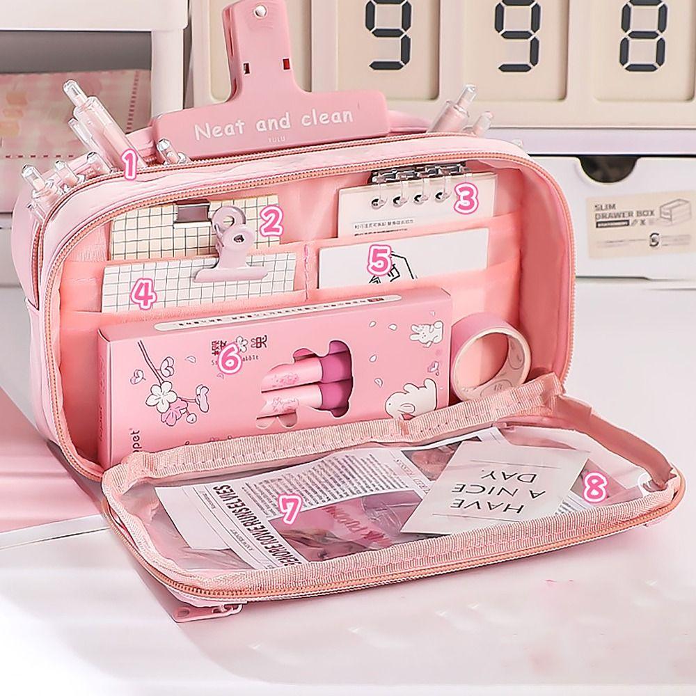 8 Layers Pencil Case Large Capacity Transparent Flip Cover Stationery Storage Pouch Multi-functional Pen Bag Student Gift