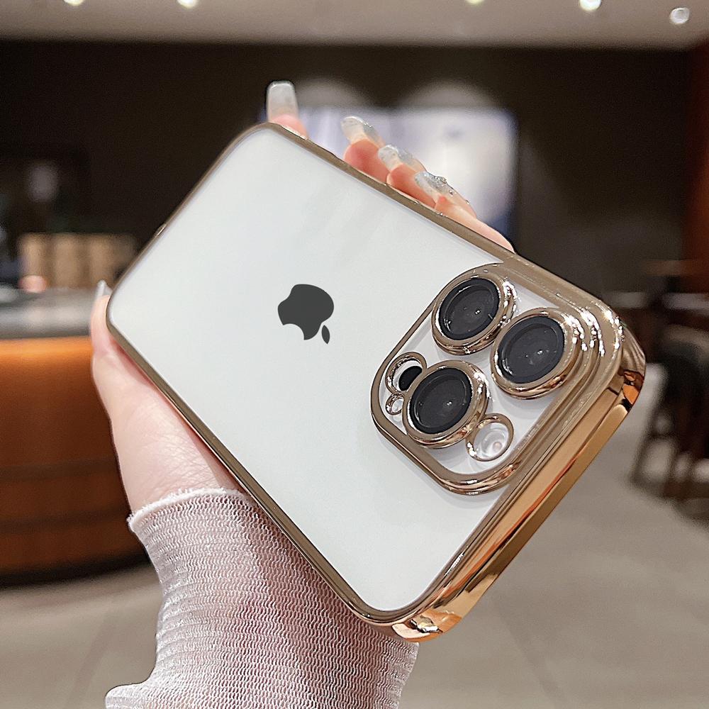 Luxury Transparent Plating Soft Phone Case for iPhone 17 Air 16 15 14 Plus 13 12 Mini 11 Pro Max Back Cover With Lens Protector