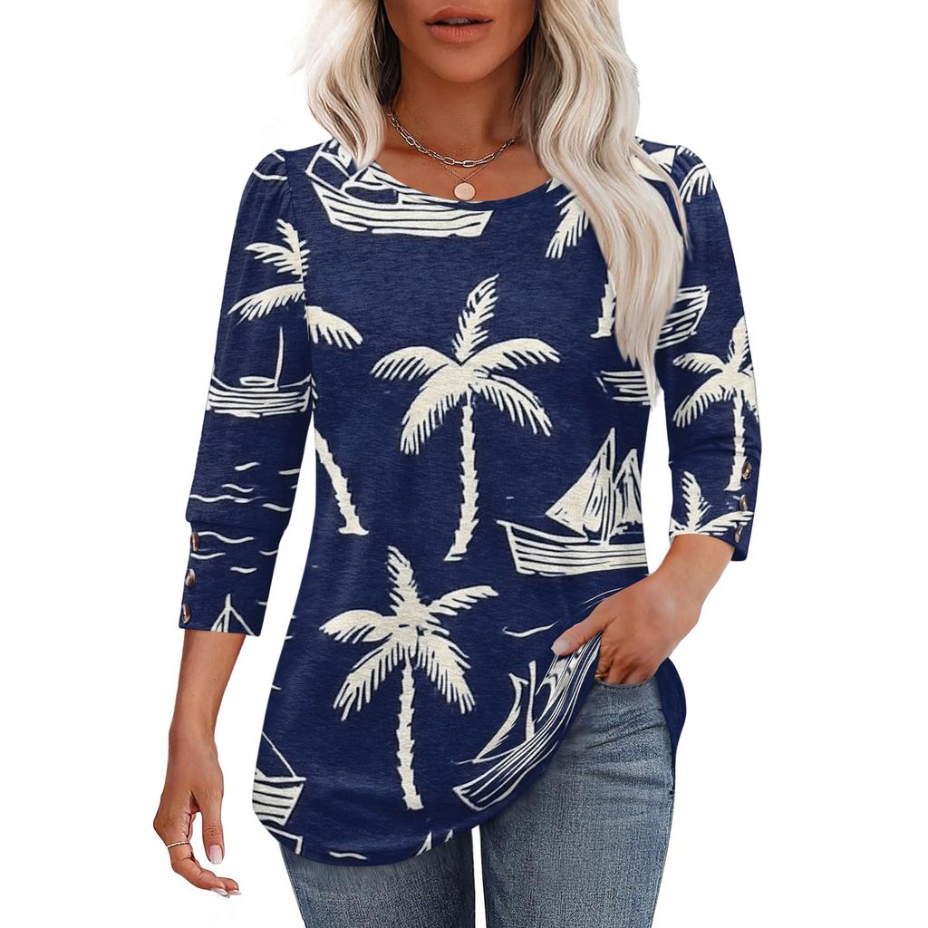 Damen Freizeit lockerer Schnitt Rundhalsausschnitt Oberteil Dreiviertelärm Blumenprint Leichte Bluse für den Alltag