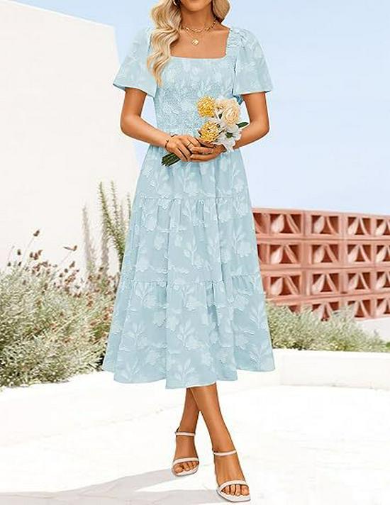 Bohemian Floral Square Neck Midi Dress - Women's Short-Sleeve Fashion