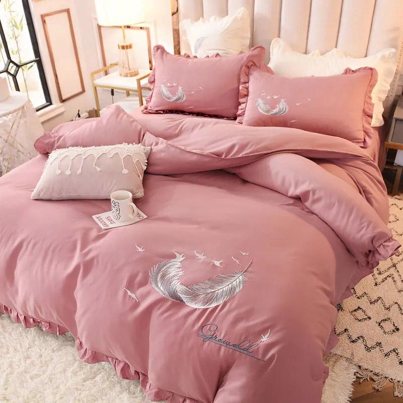 4pcs/set Korean Feather Embroidered Bed Skirt Bedding Set Female Princess Style Solid Color Double Sheet Quilt Cover Pillowcases Set