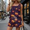 Women Sleeveless Tank Top and Shorts Set Casual Two Piece Outfit Square Neck Vintage Print Summer Lounge Wear with Pockets and Drawstring Waist